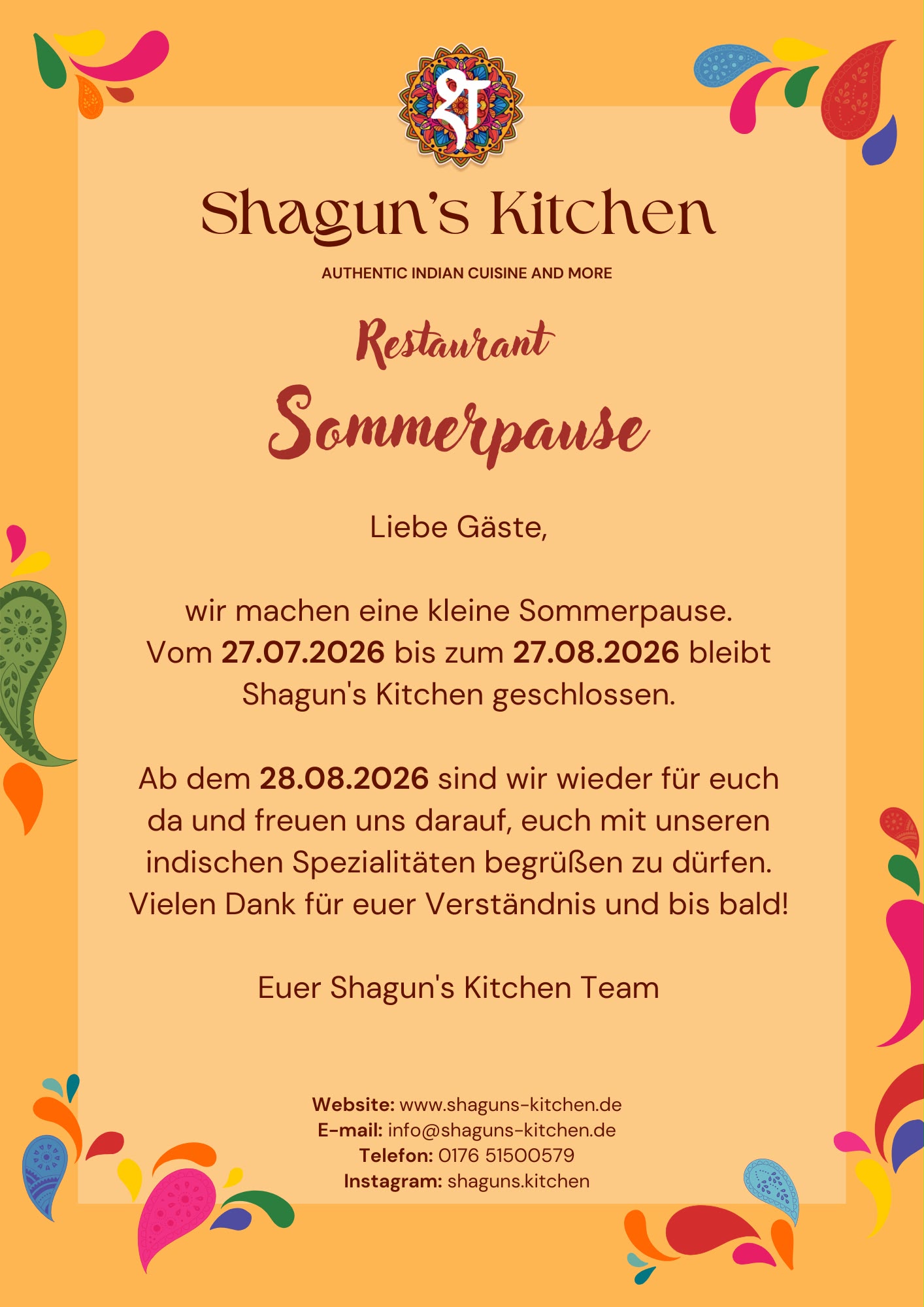 Shaguns Kitchen Sommerpause vom 27.07.2026 bis 27.08.2026